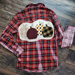 Women's upcycled bleached Fall pumpkin flannel